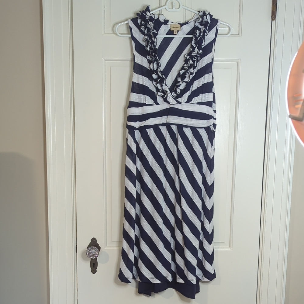 Ella Moss - Navy and White Striped Sleeveless Dress with Ruffle Neck - Size M